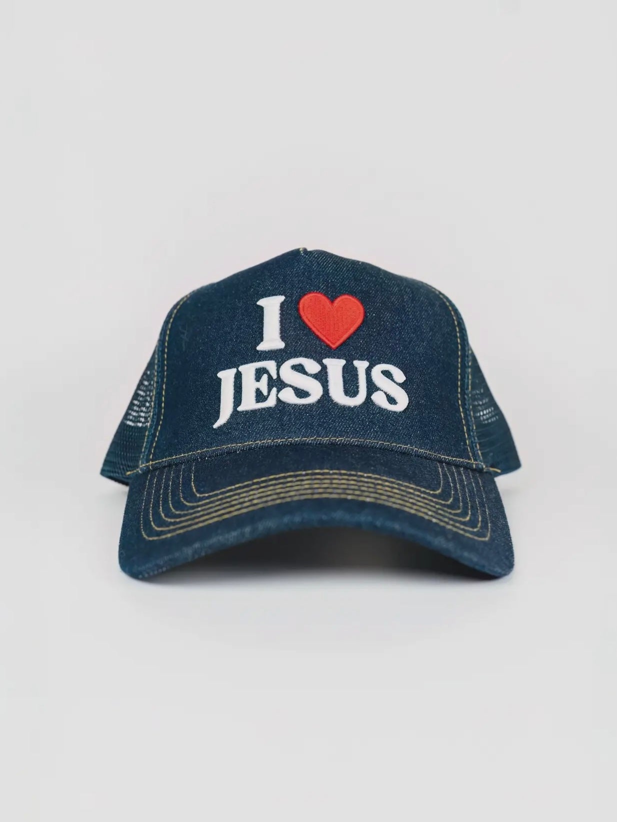 ‘I ❤️ Jesus’ Denim Embroidered Trucker Hat