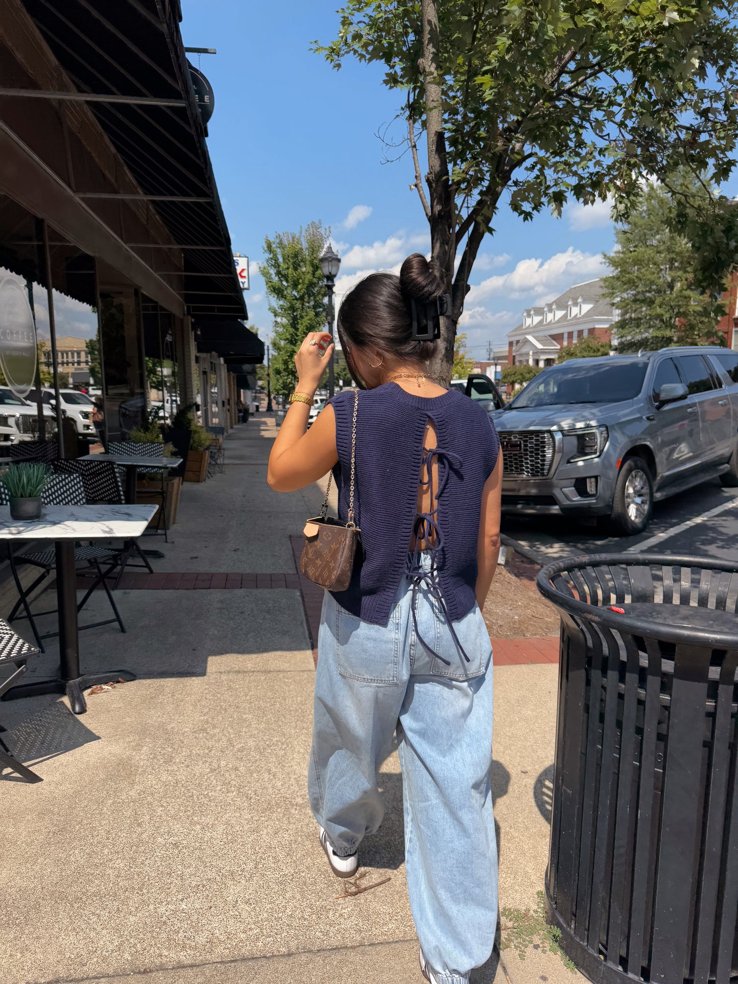 Navy Open Back Knit Top
