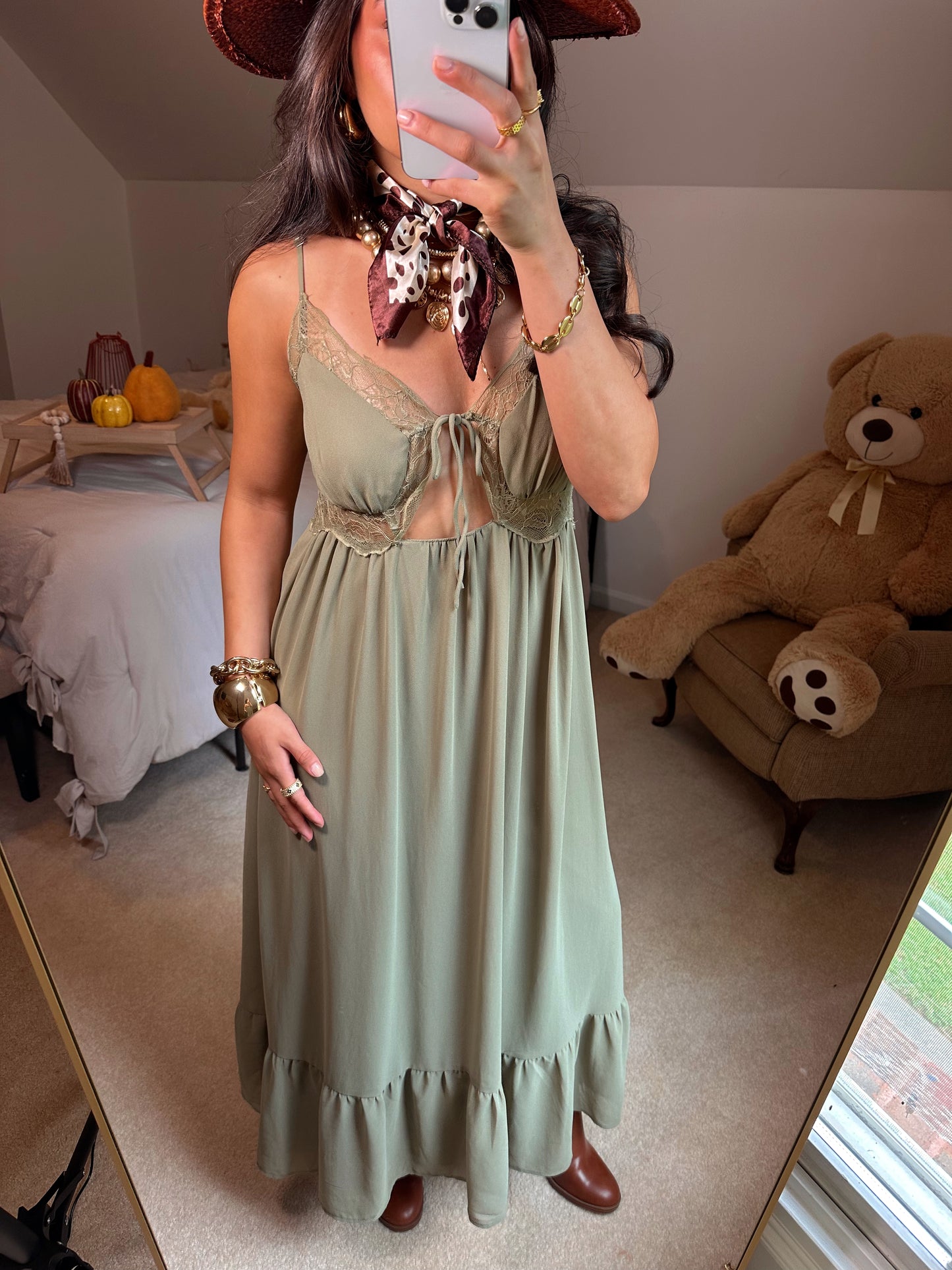Olive Lace Cut-Out Maxi Dress