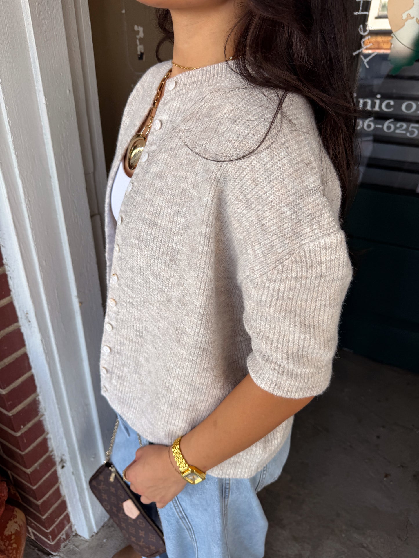 Oatmeal Button Up Short Sleeve Cardigan