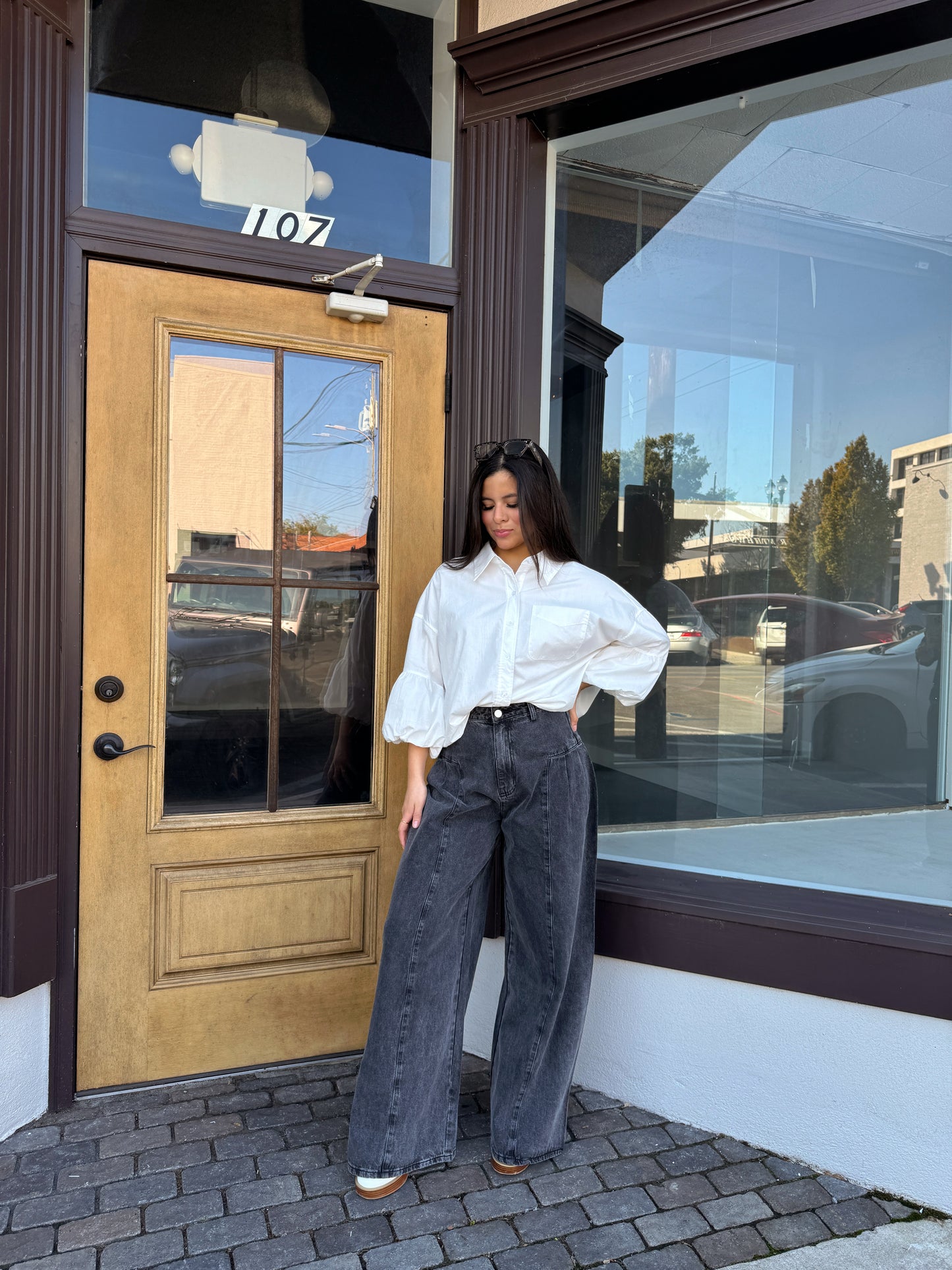 White Bubble Hem Button-Up Top