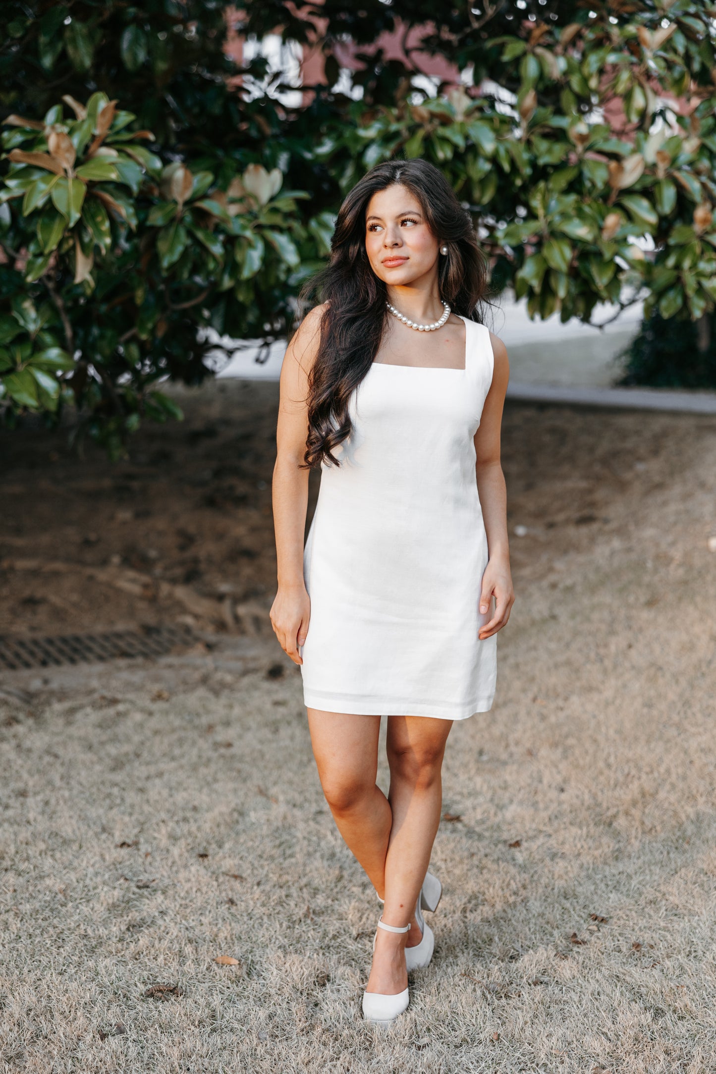 White Linen Square Neck Dress