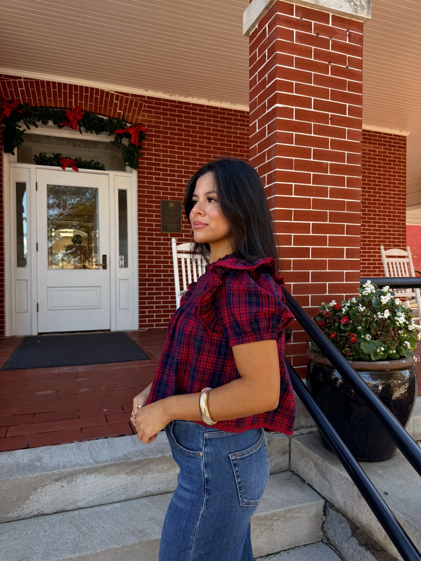 Red & Navy Plaid Top
