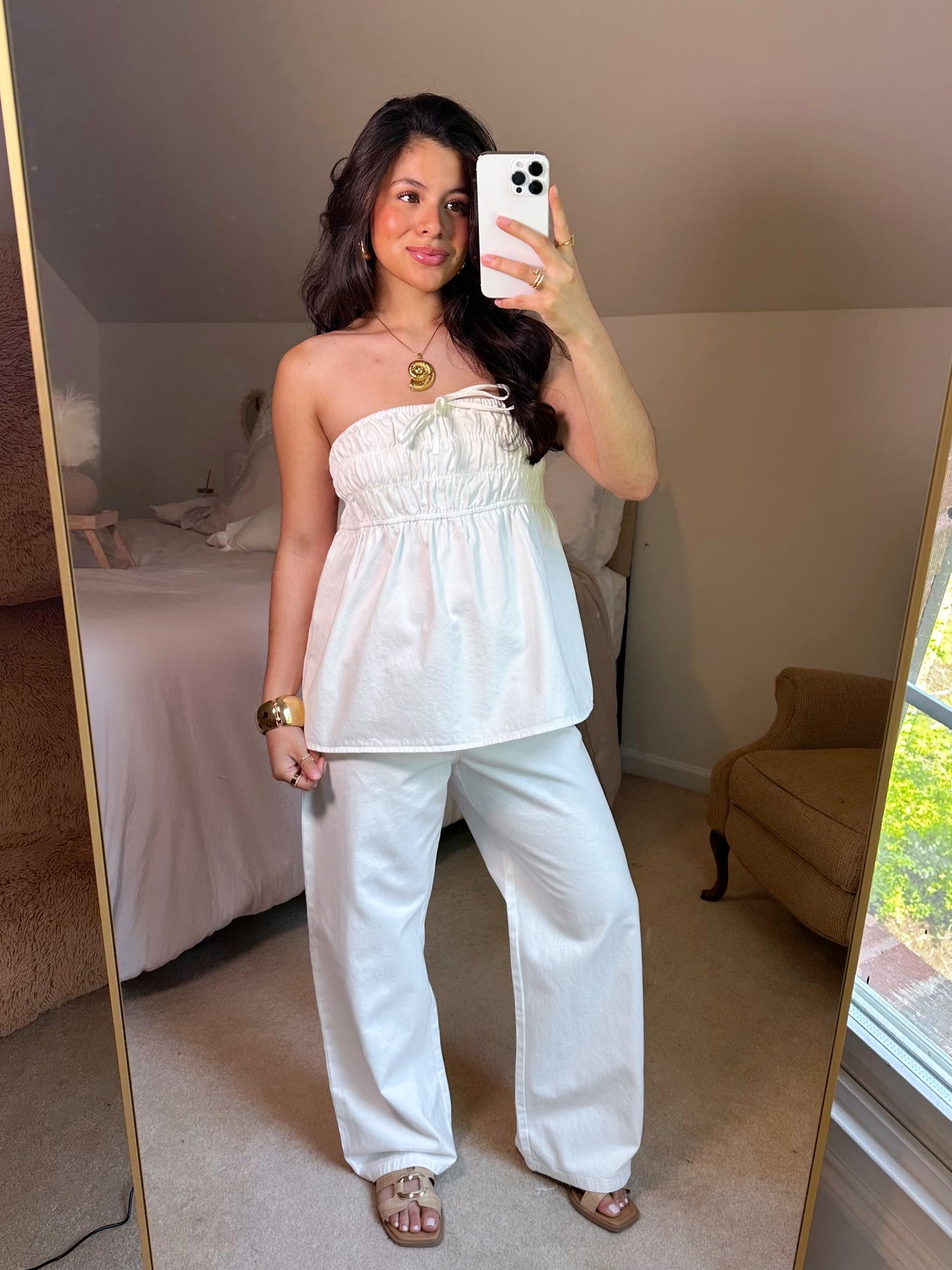 Ruched Top & Pant White Denim Set