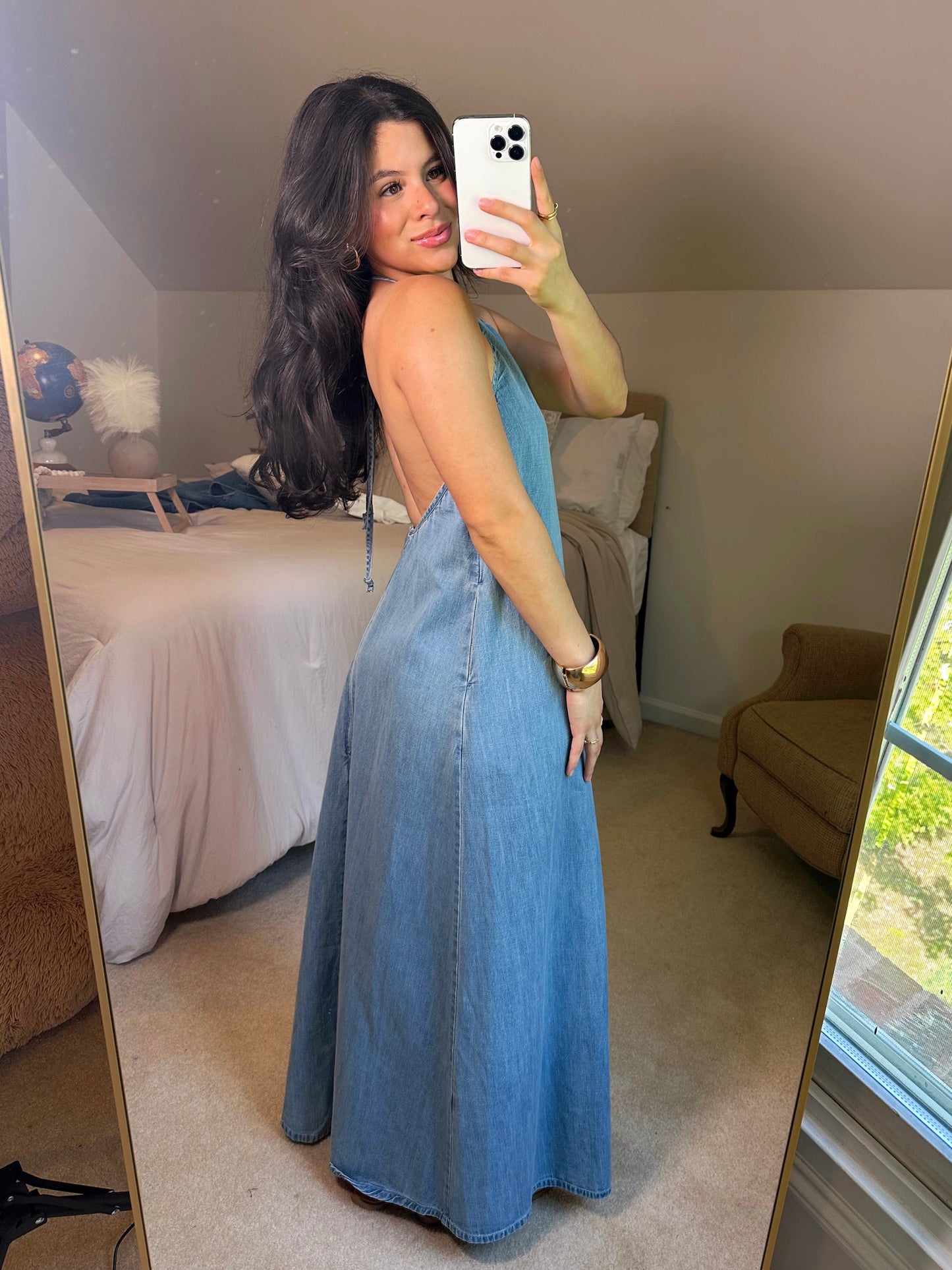 Denim Halter Open Back Maxi Dress