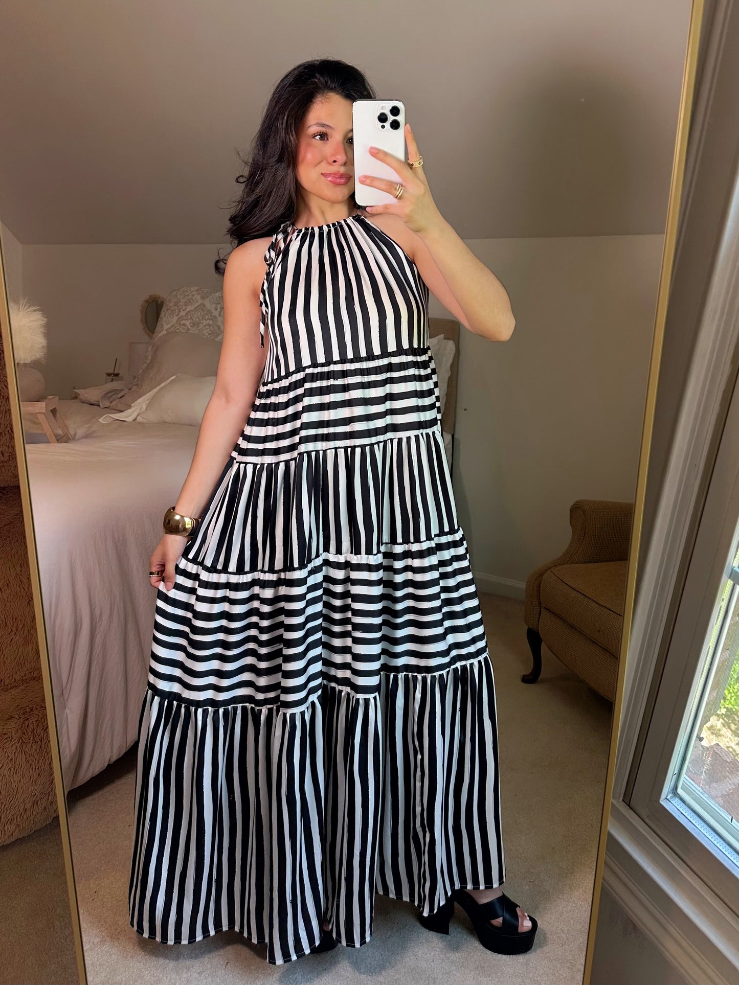 Black & White Striped Halter Maxi Dress