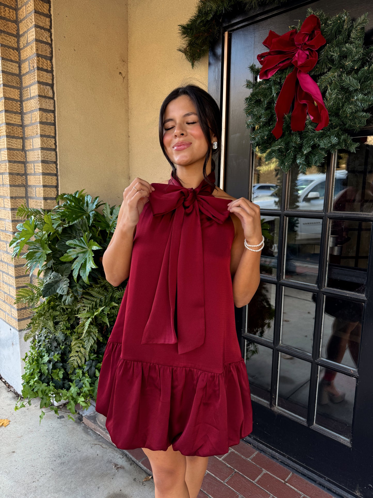 Wine Satin Halter Bow Dress