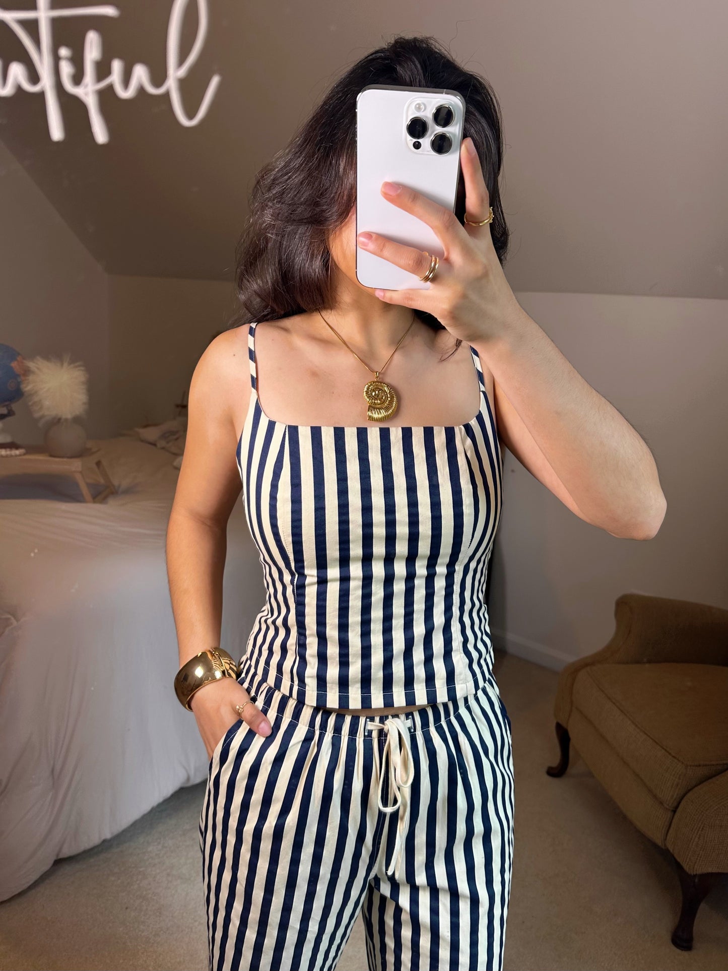 Navy & Ivory Striped Top & Pants Set