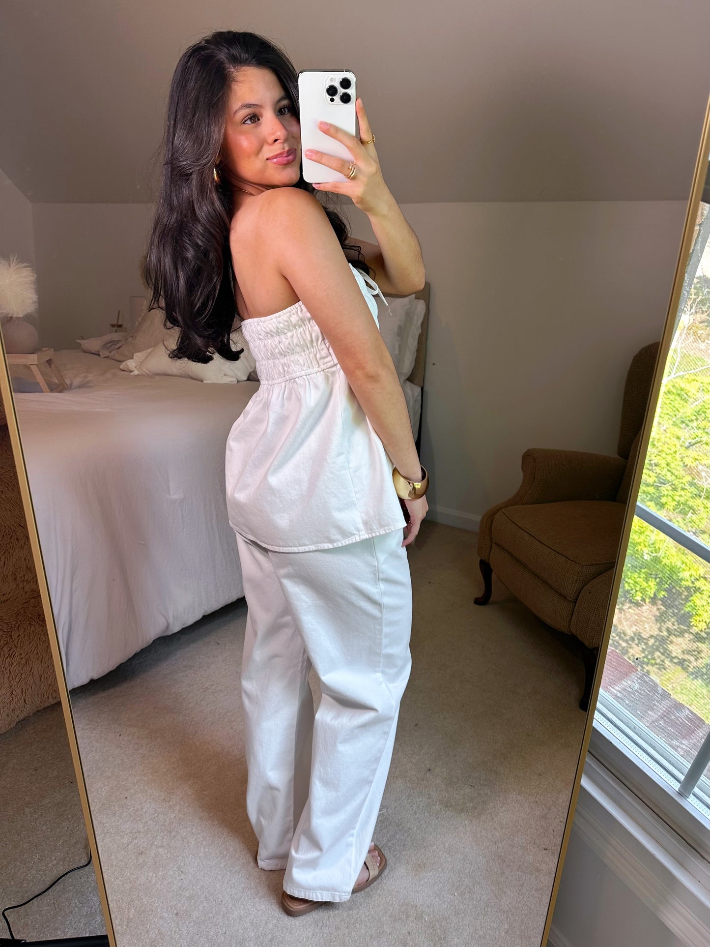 Ruched Top & Pant White Denim Set