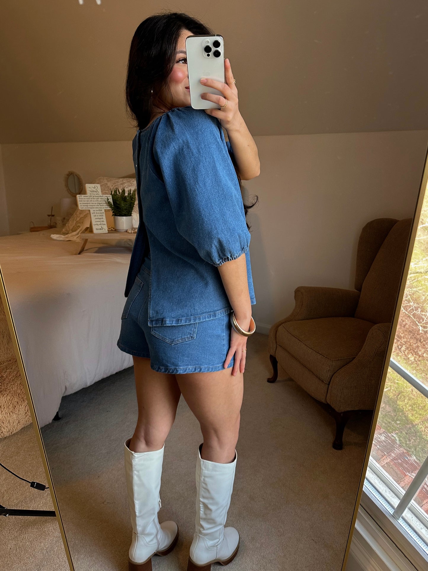 Denim Puff Sleeve Top & Shorts Set