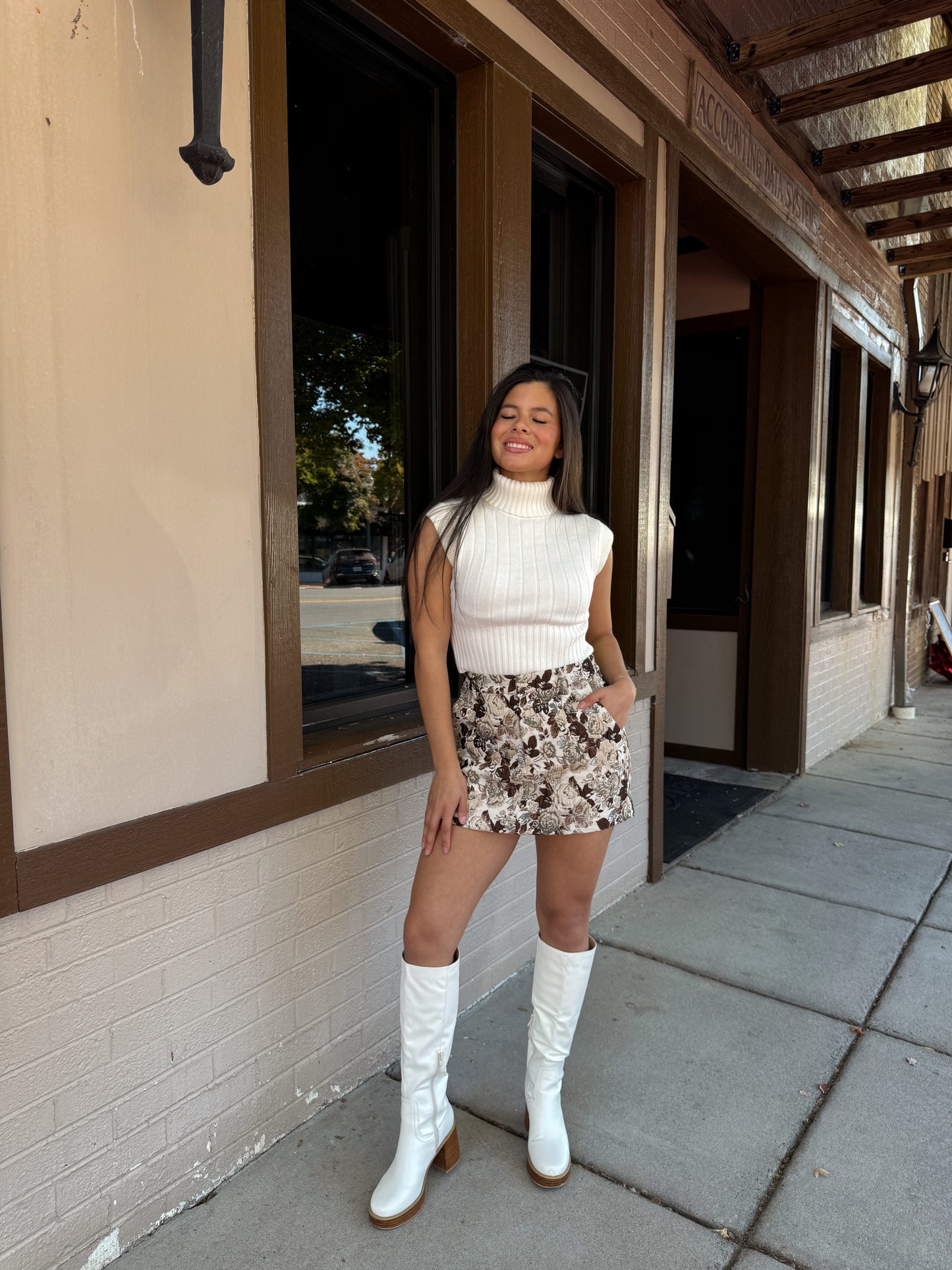 Brown Floral Jacquard Skort