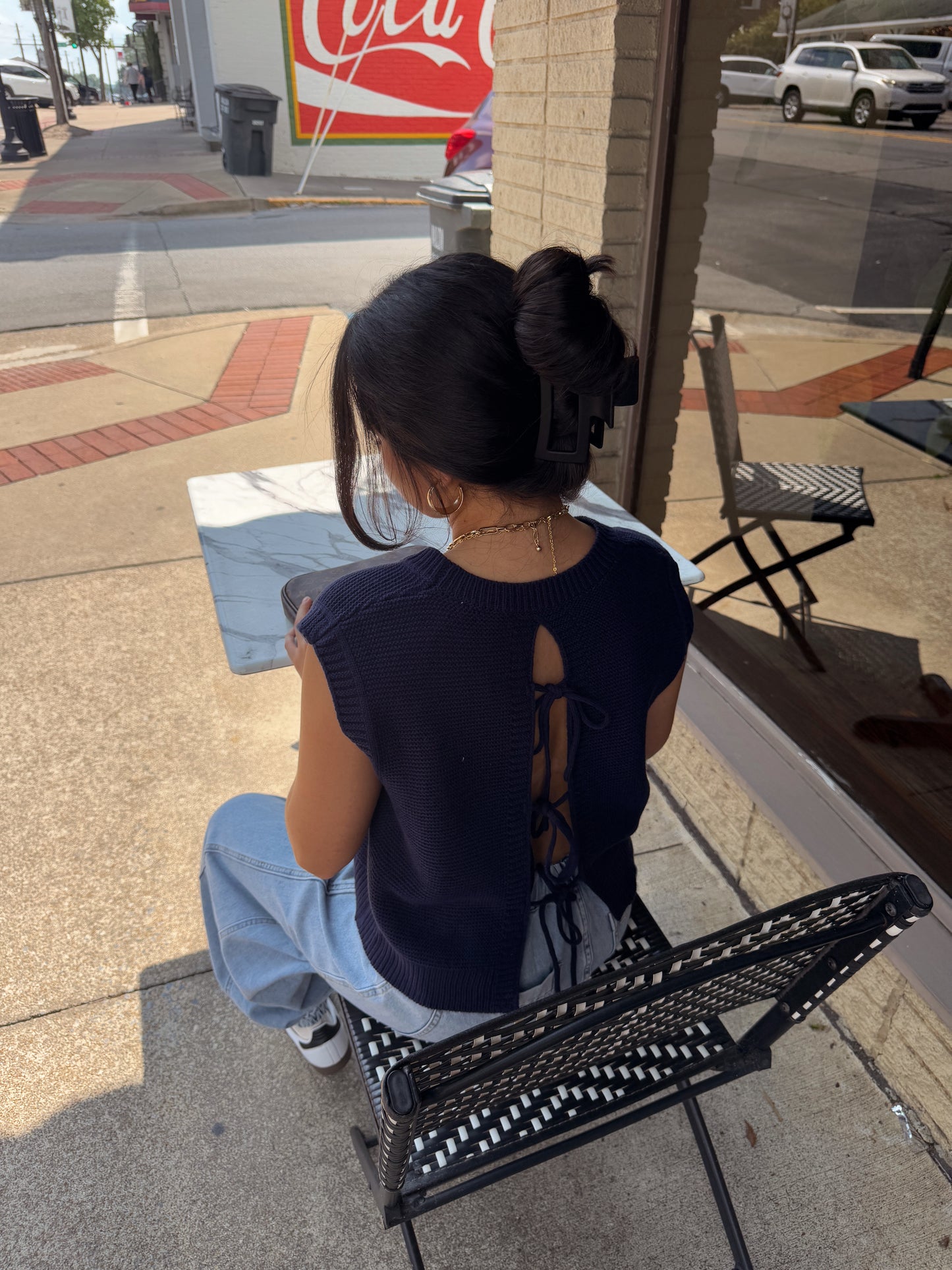 Navy Open Back Knit Top