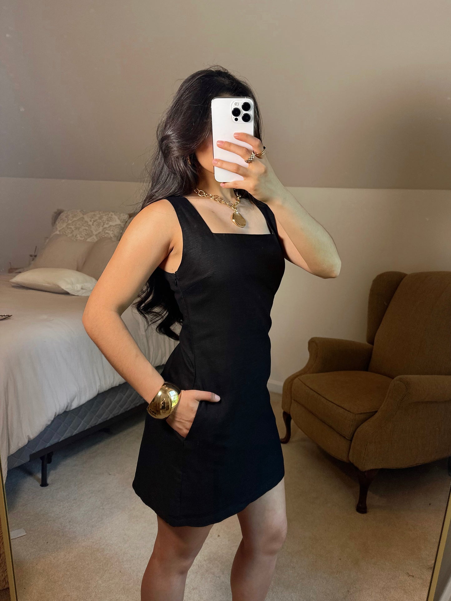 Black Linen Square Neck Dress
