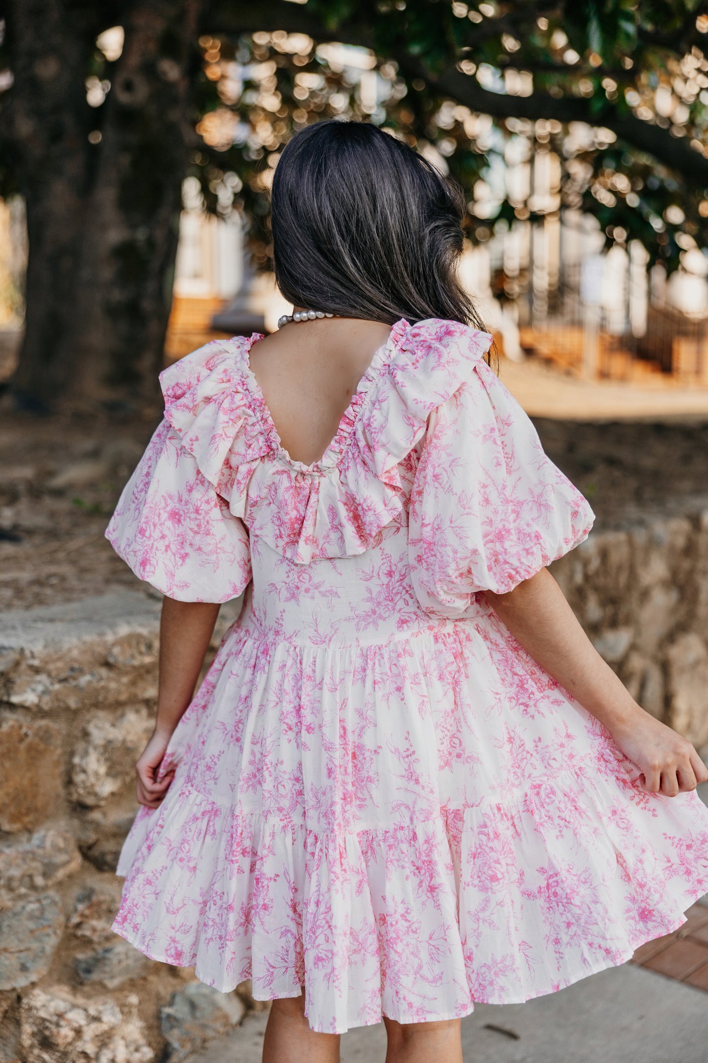 Pink Roses Ruffle V-Neck Dress