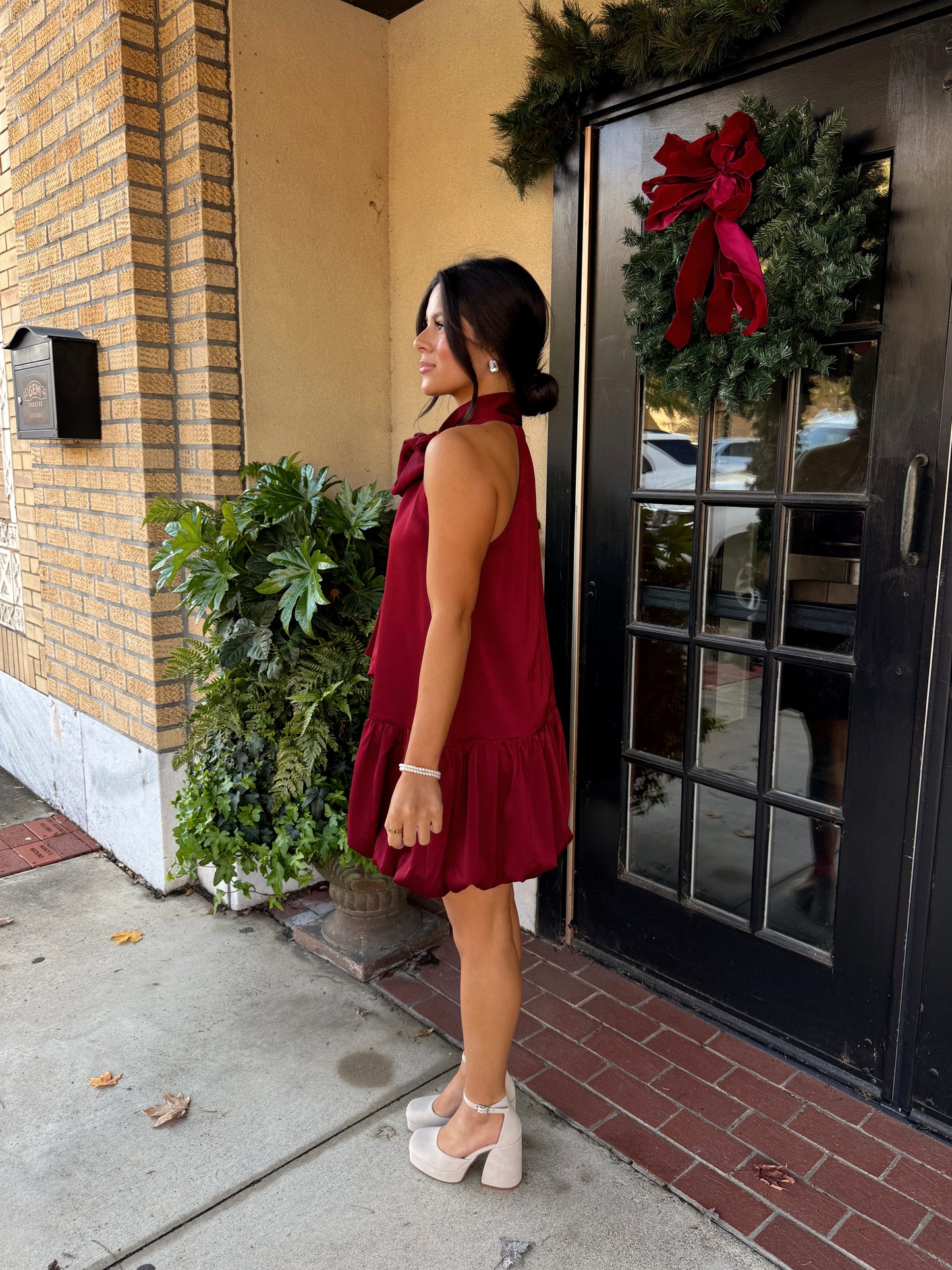 Wine Satin Halter Bow Dress