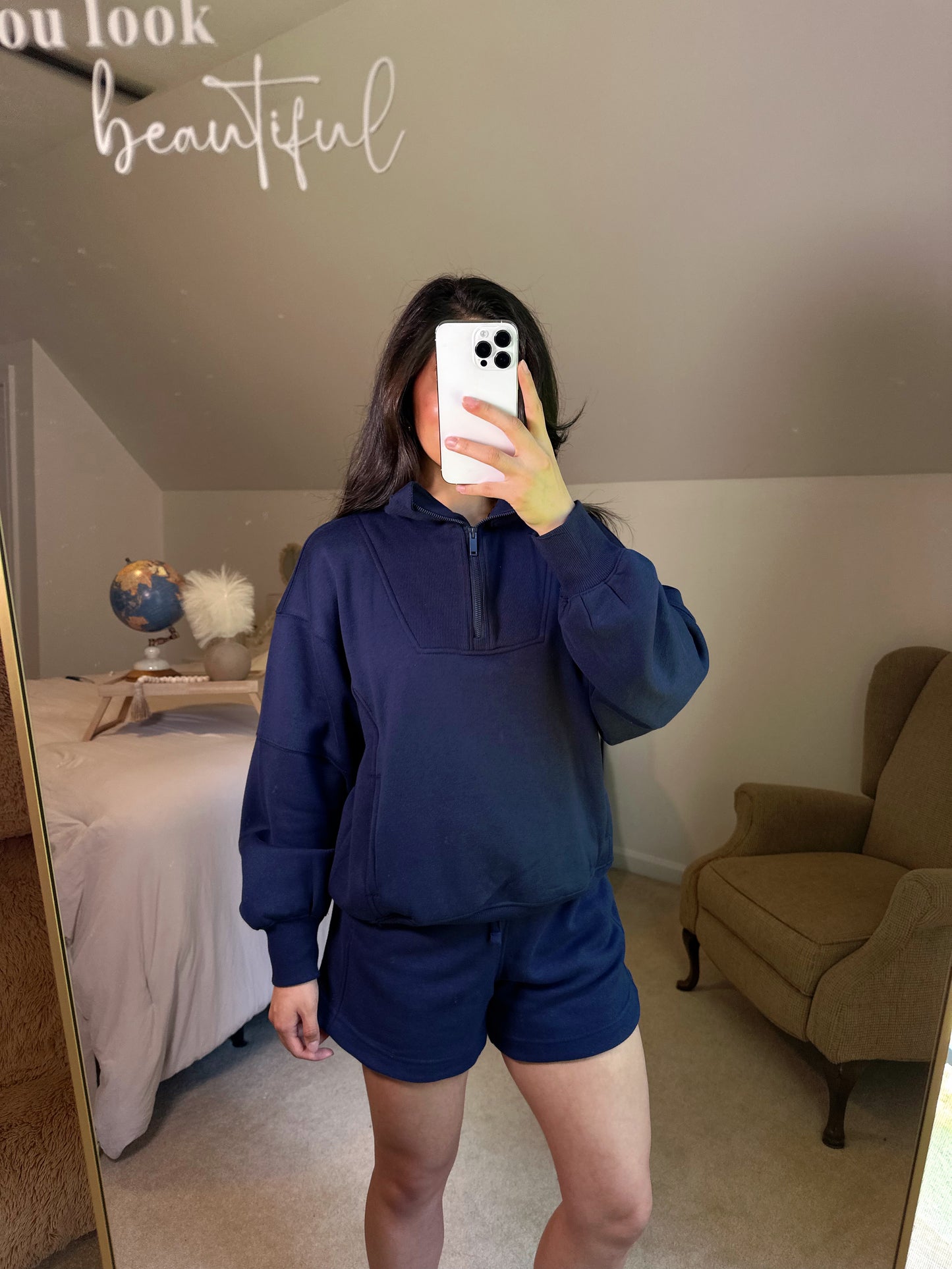 Navy Quarter Zip Sweater and Shorts Set