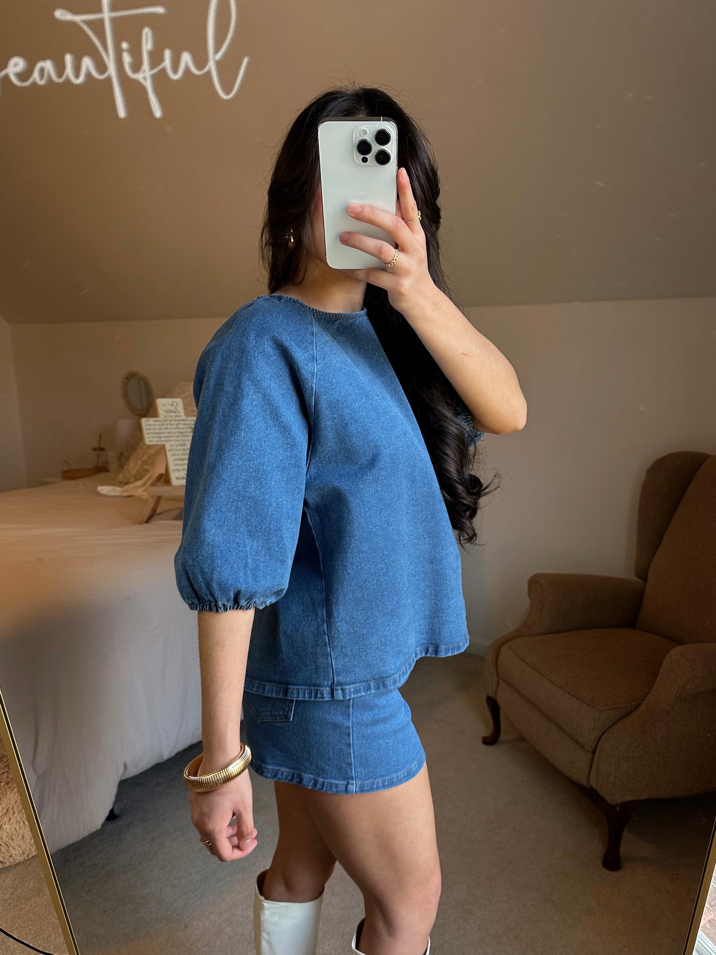 Denim Puff Sleeve Top & Shorts Set