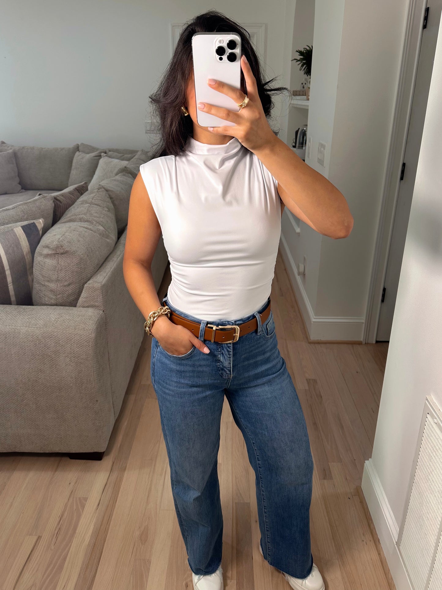 White Ruched Staple Tank