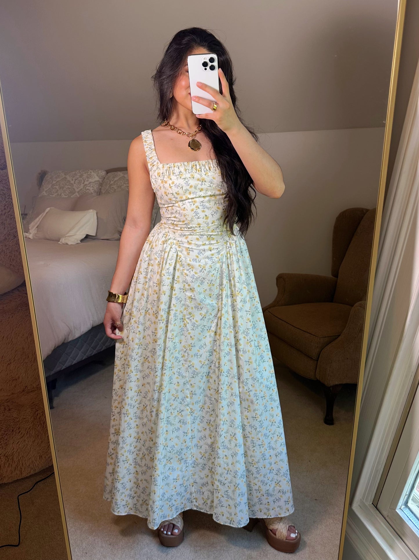 Yellow Ditsy Floral Midi Dress
