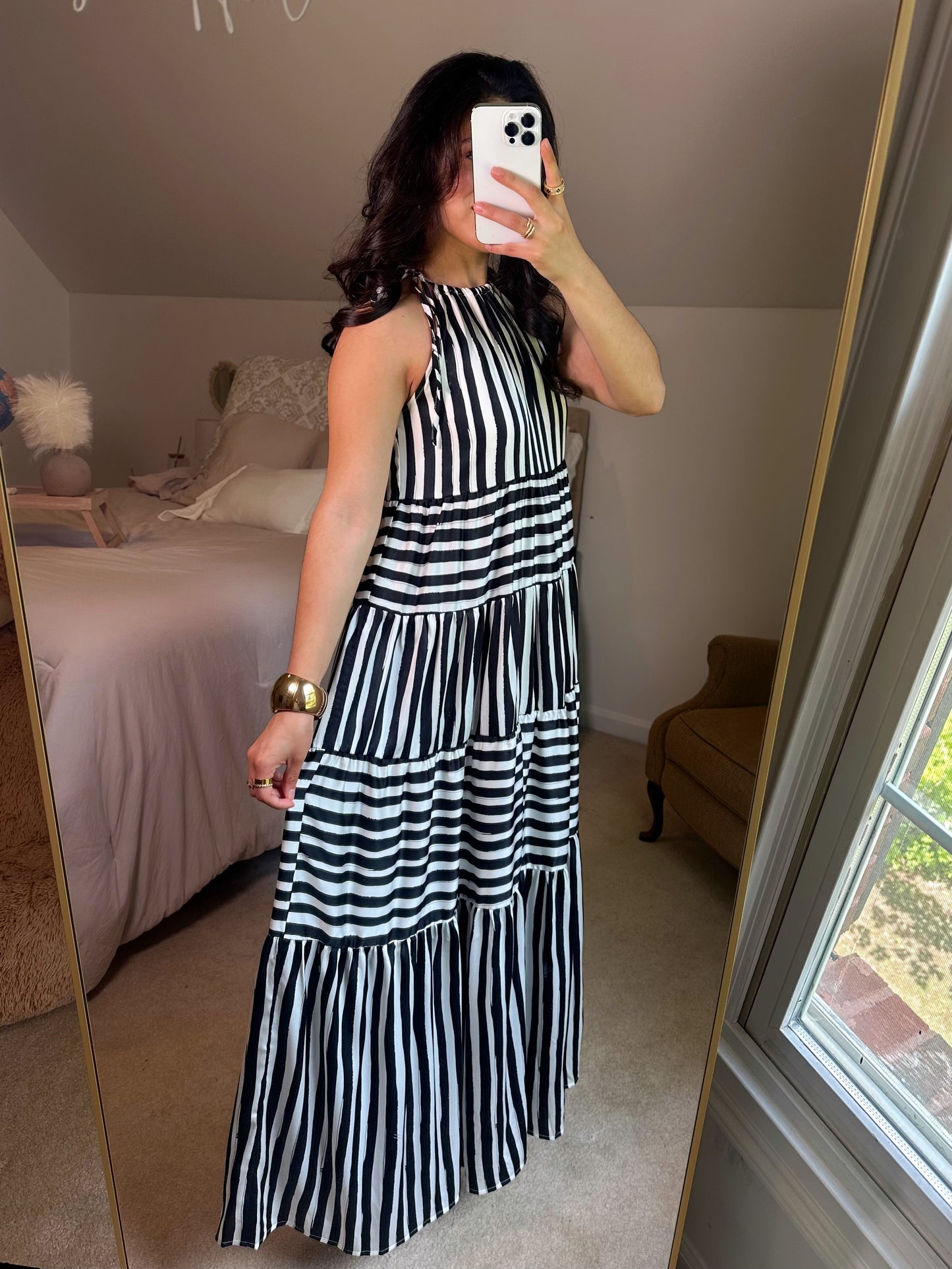Black & White Striped Halter Maxi Dress