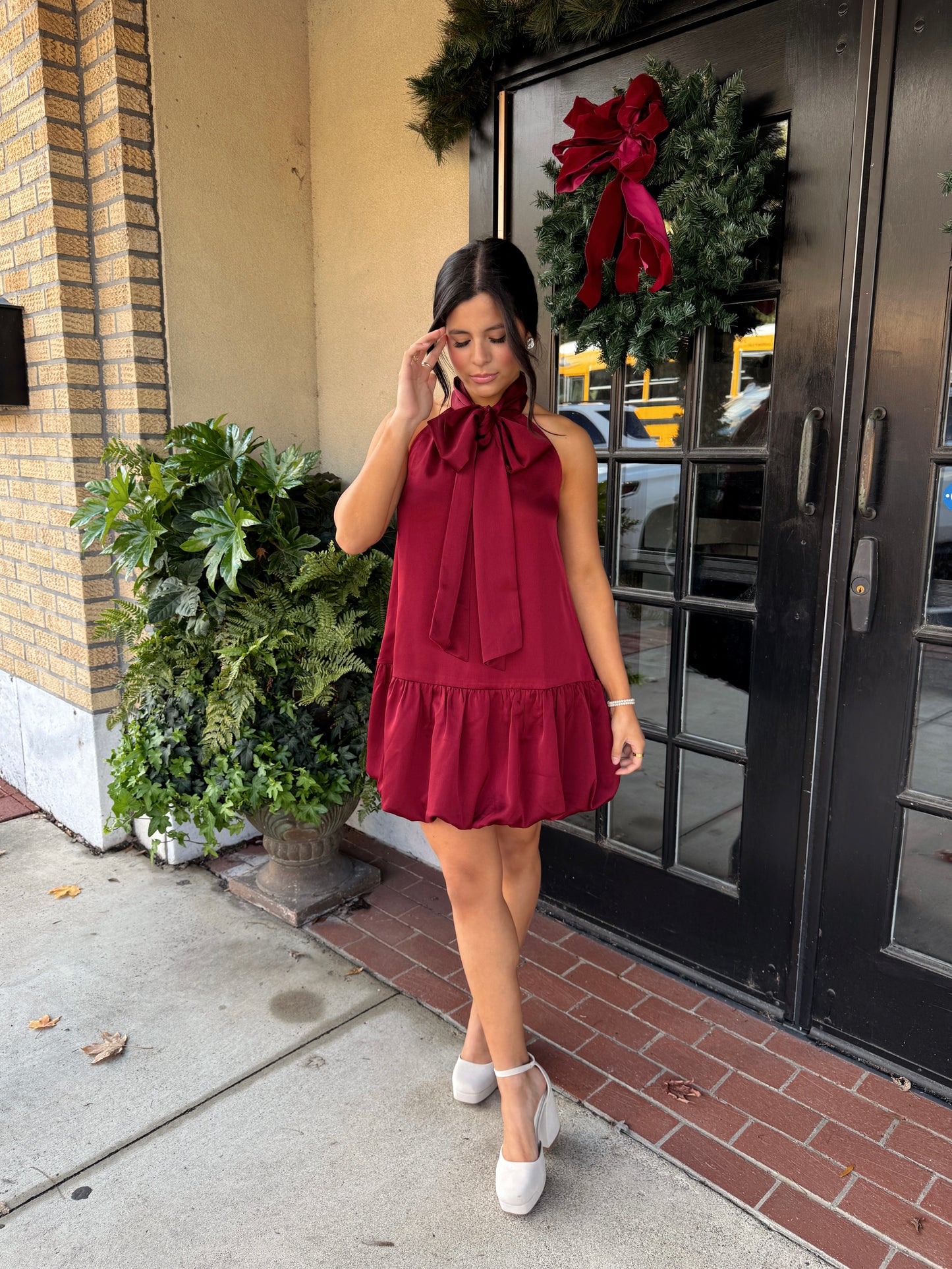 Wine Satin Halter Bow Dress