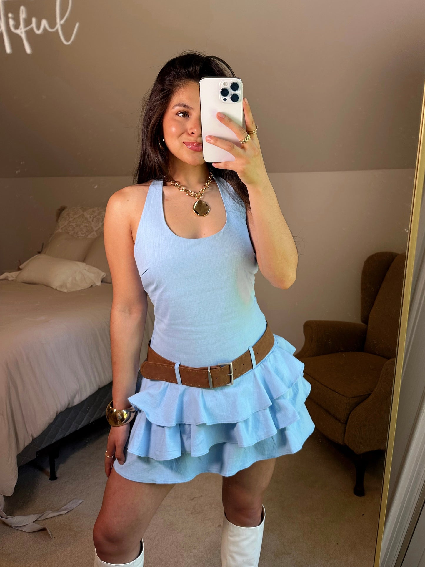 Baby Blue Ruffle Belted Halter Romper