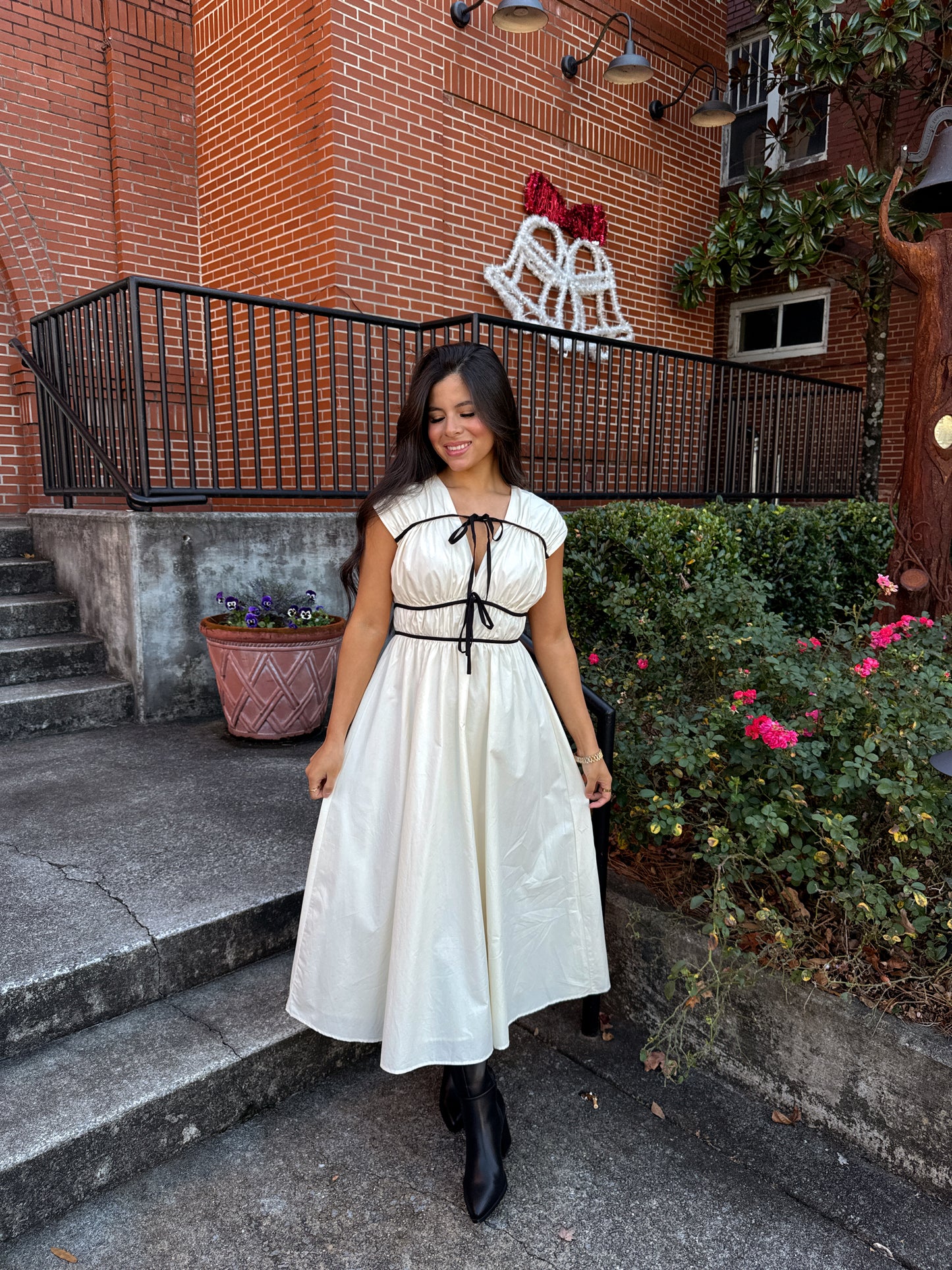 Cream Black Bows Midi Dress