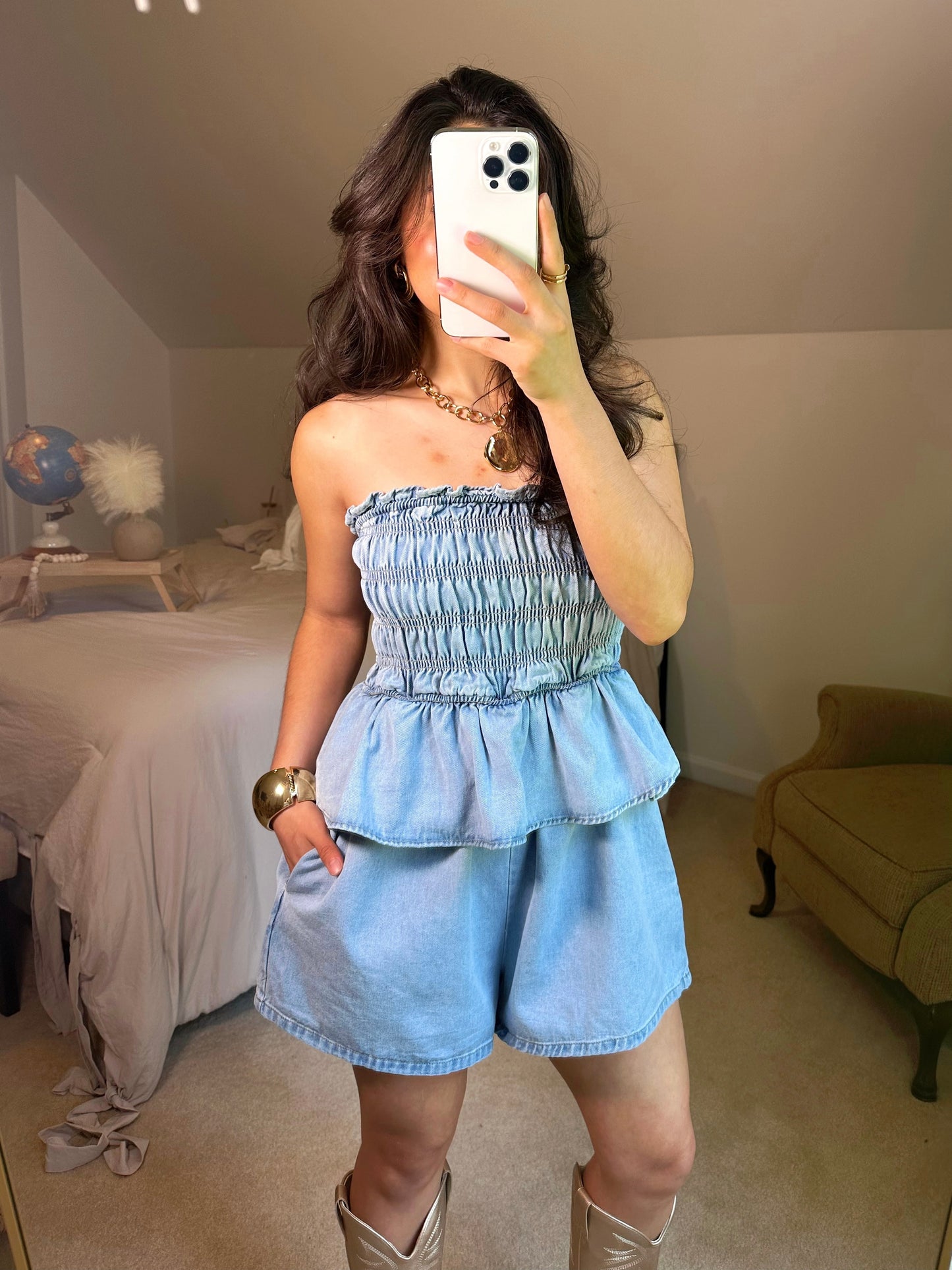 Denim Smocked Strapless Romper