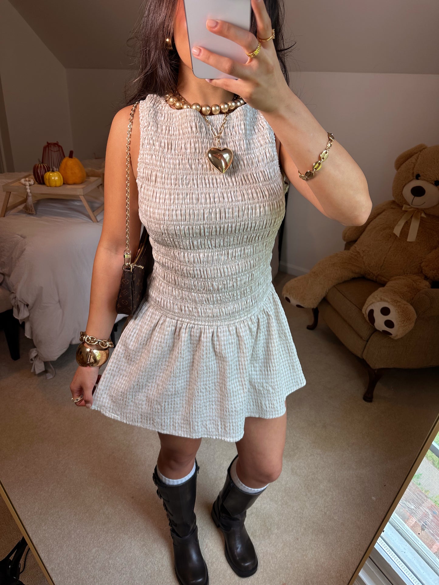 Taupe & White Gingham Romper