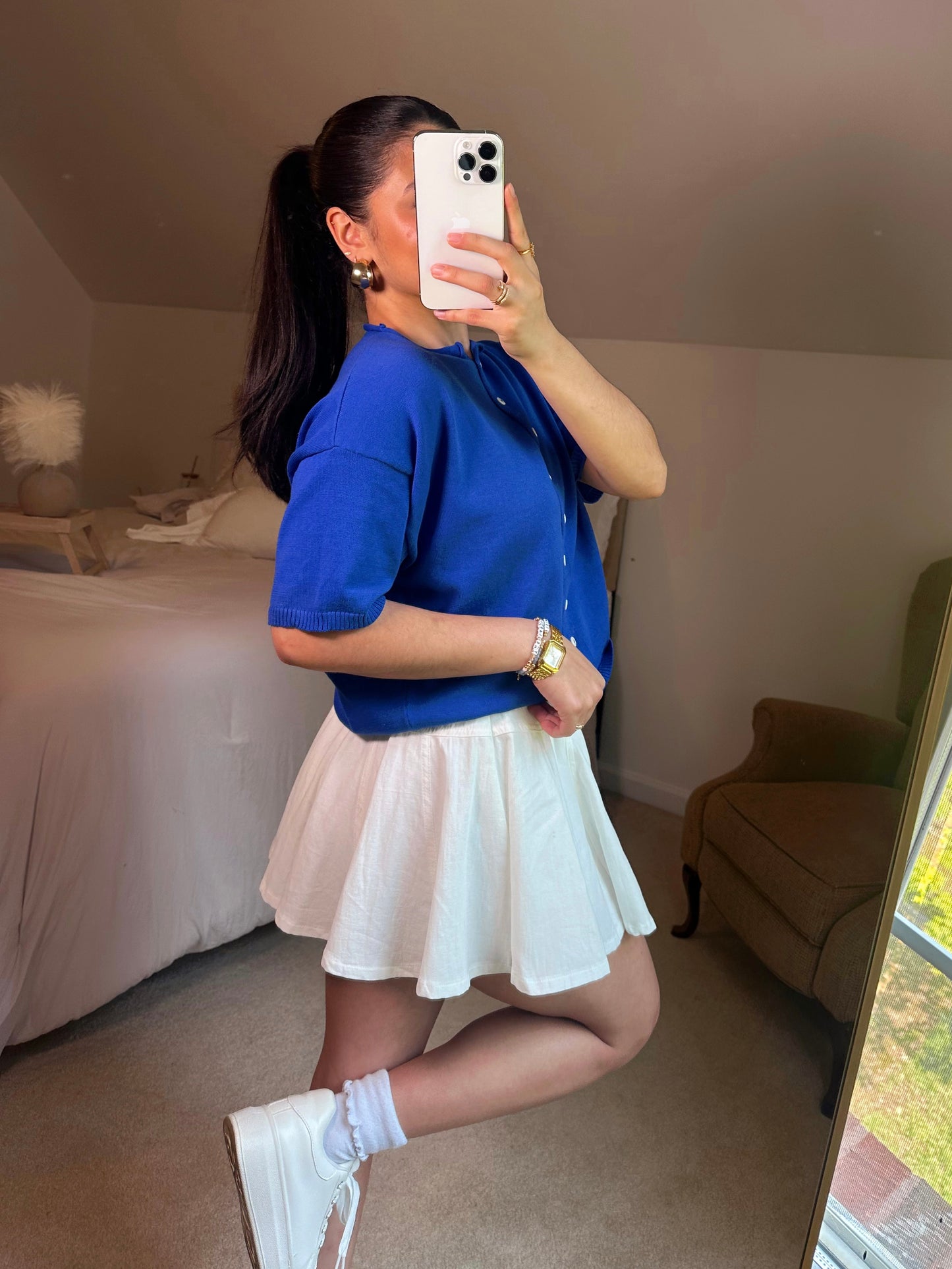 White Woven Flared Skort
