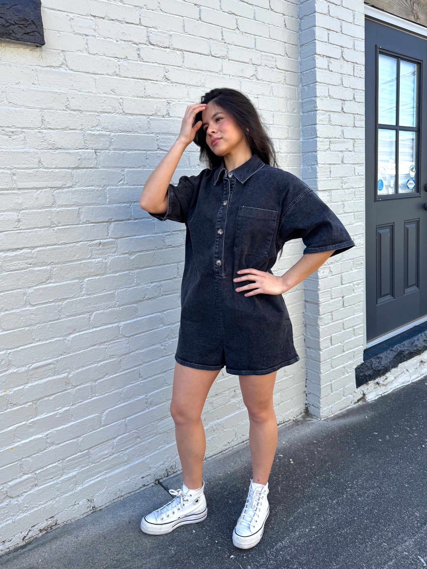 Classic Washed Black Denim Romper