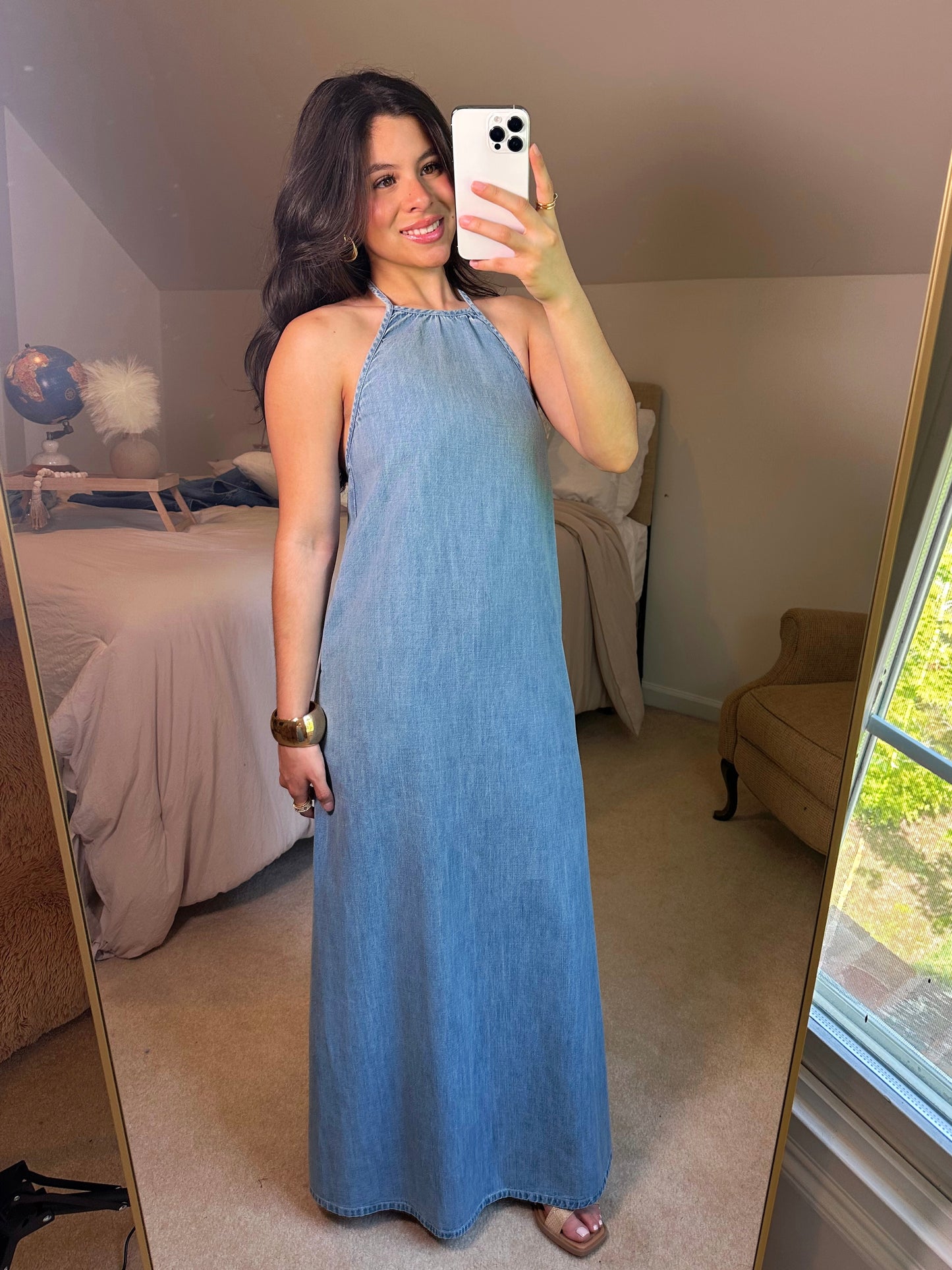 Denim Halter Open Back Maxi Dress