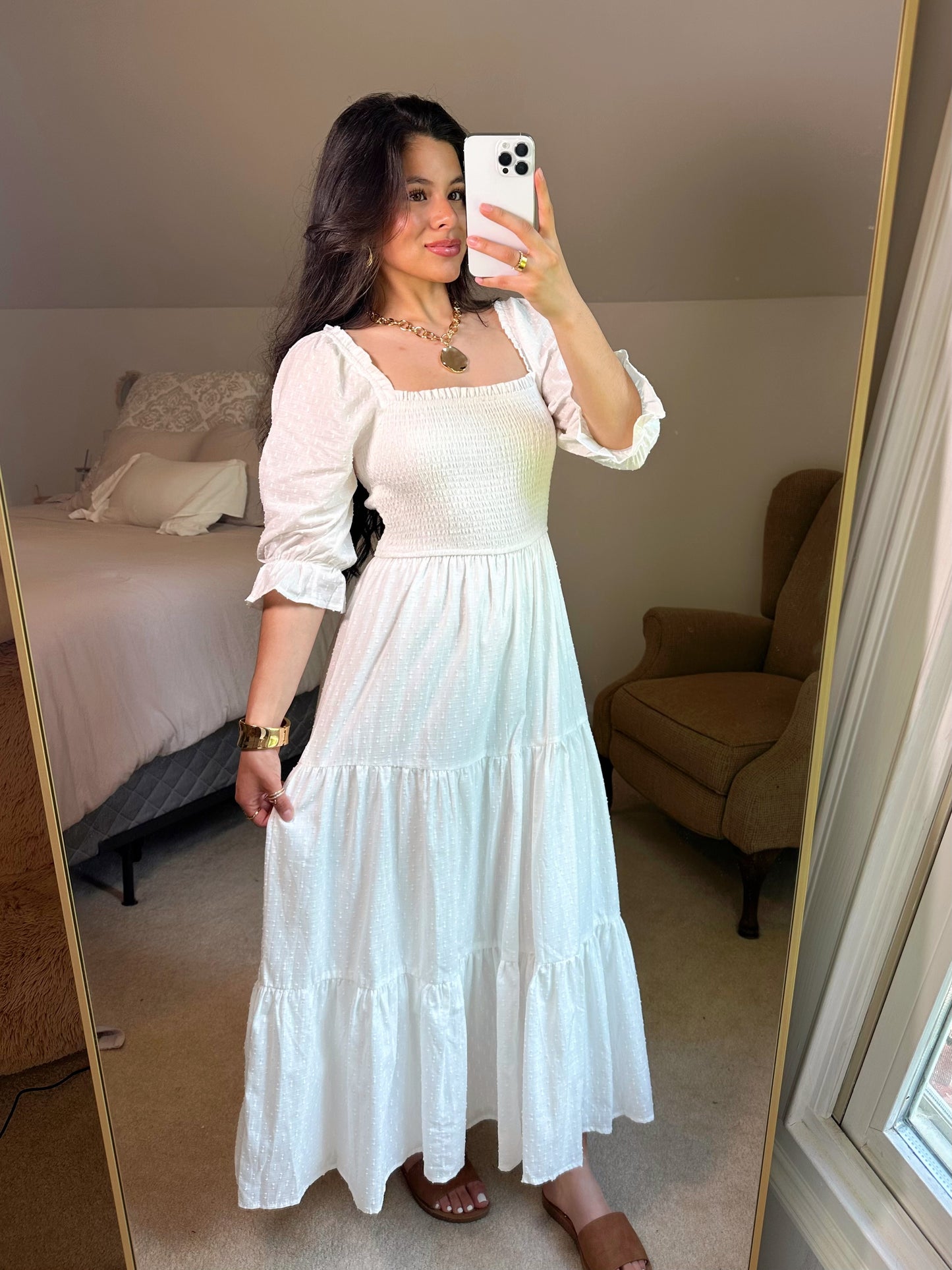 White Dotted Flowy Maxi Dress