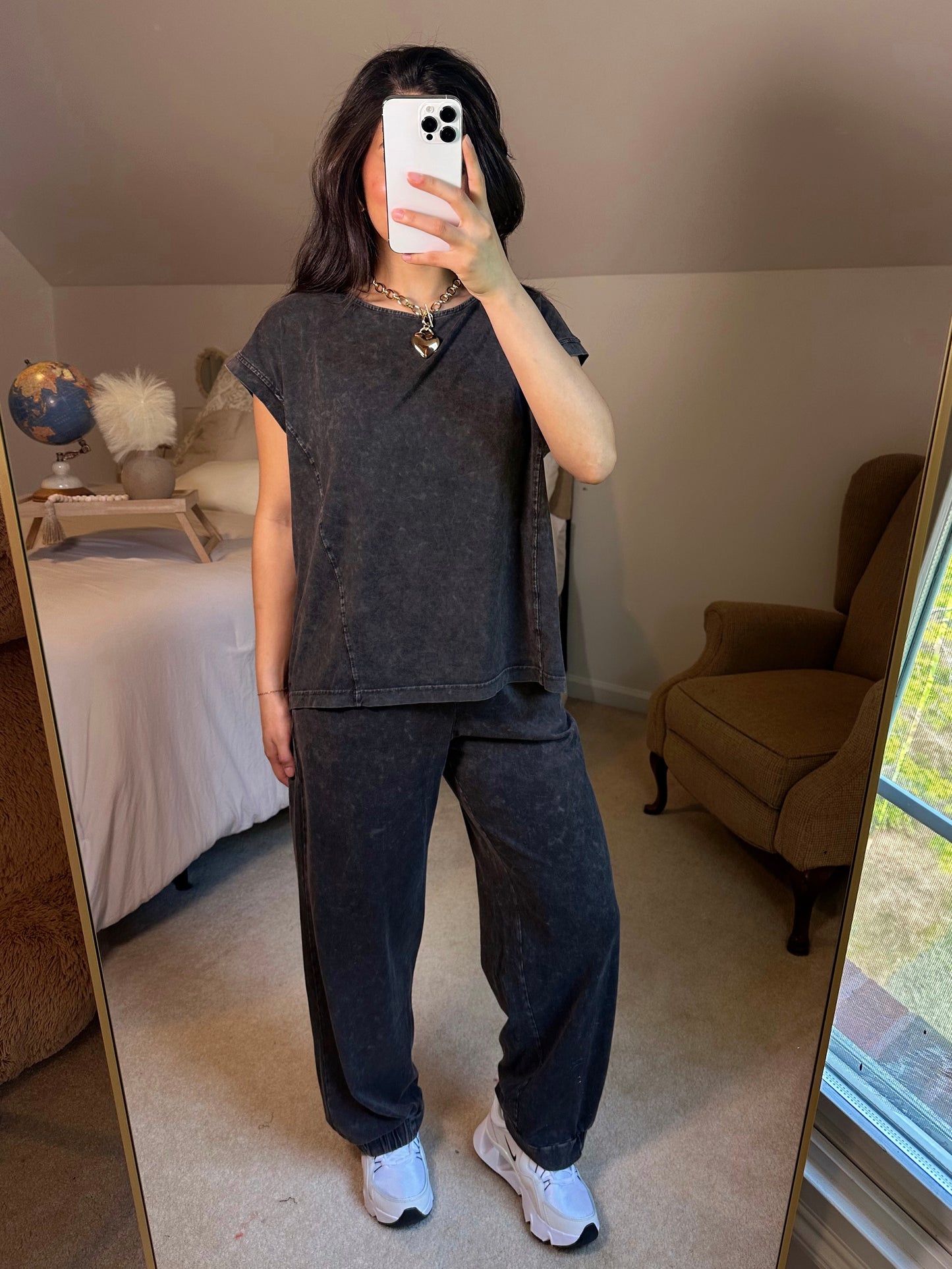 Washed Black Cotton Top & Pants Set