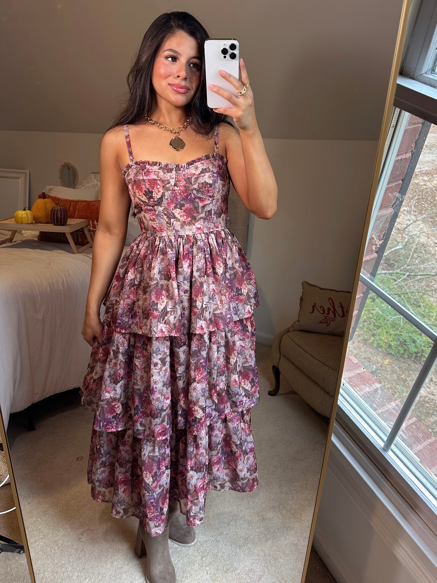 Pink Hues Floral Tiered Midi Dress
