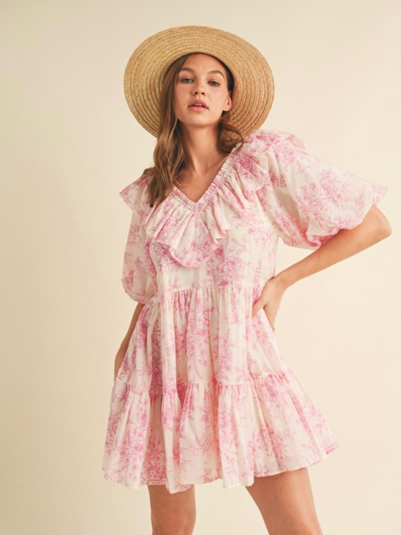 Pink Roses Ruffle V-Neck Dress