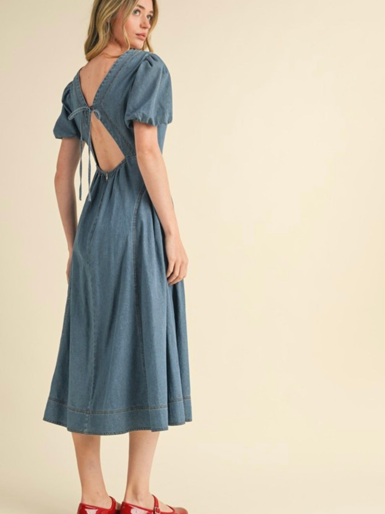 Denim Pleated Drop Waist Maxi Dress