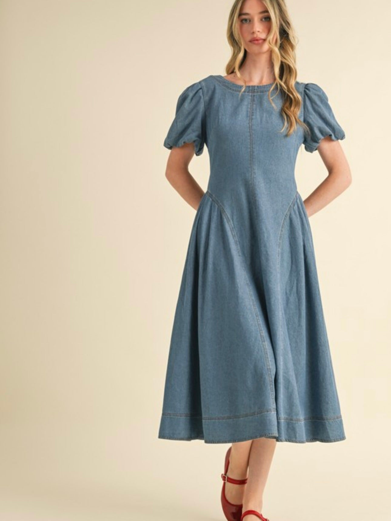 Denim Pleated Drop Waist Maxi Dress