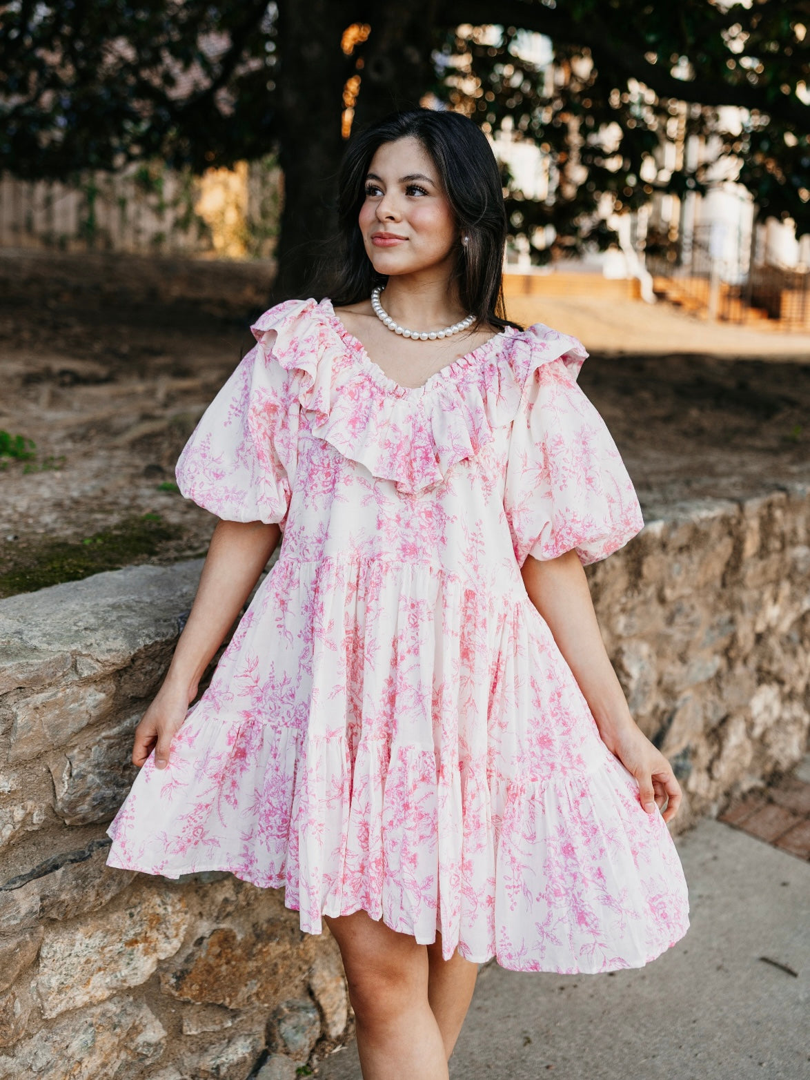 Pink Roses Ruffle V-Neck Dress