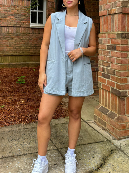 Dusty Blue Vest and Shorts Set