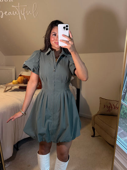 Olive Zip Up Bubble Dress