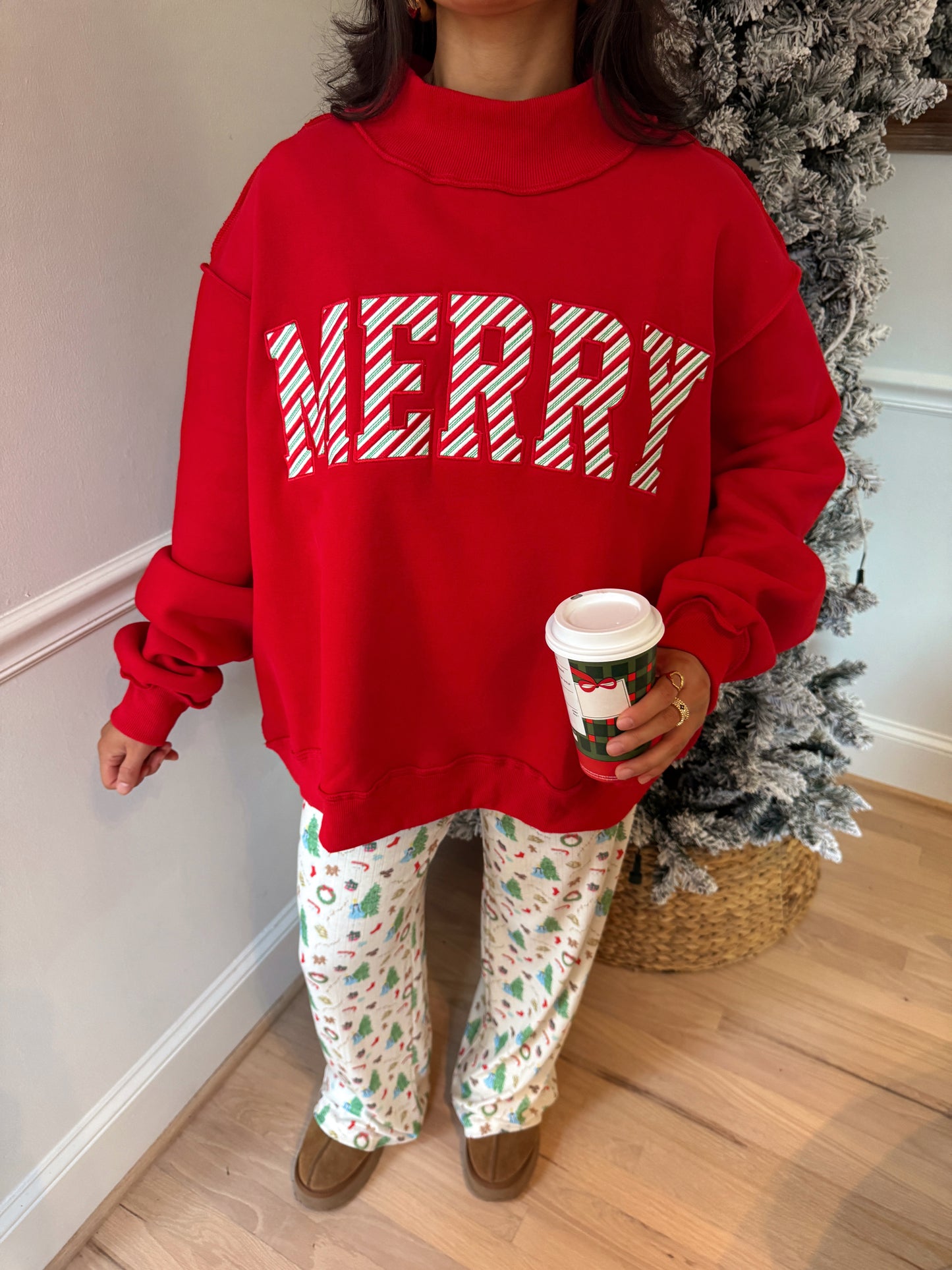 Red Candy Cane 'Merry' Embroidered Mockneck