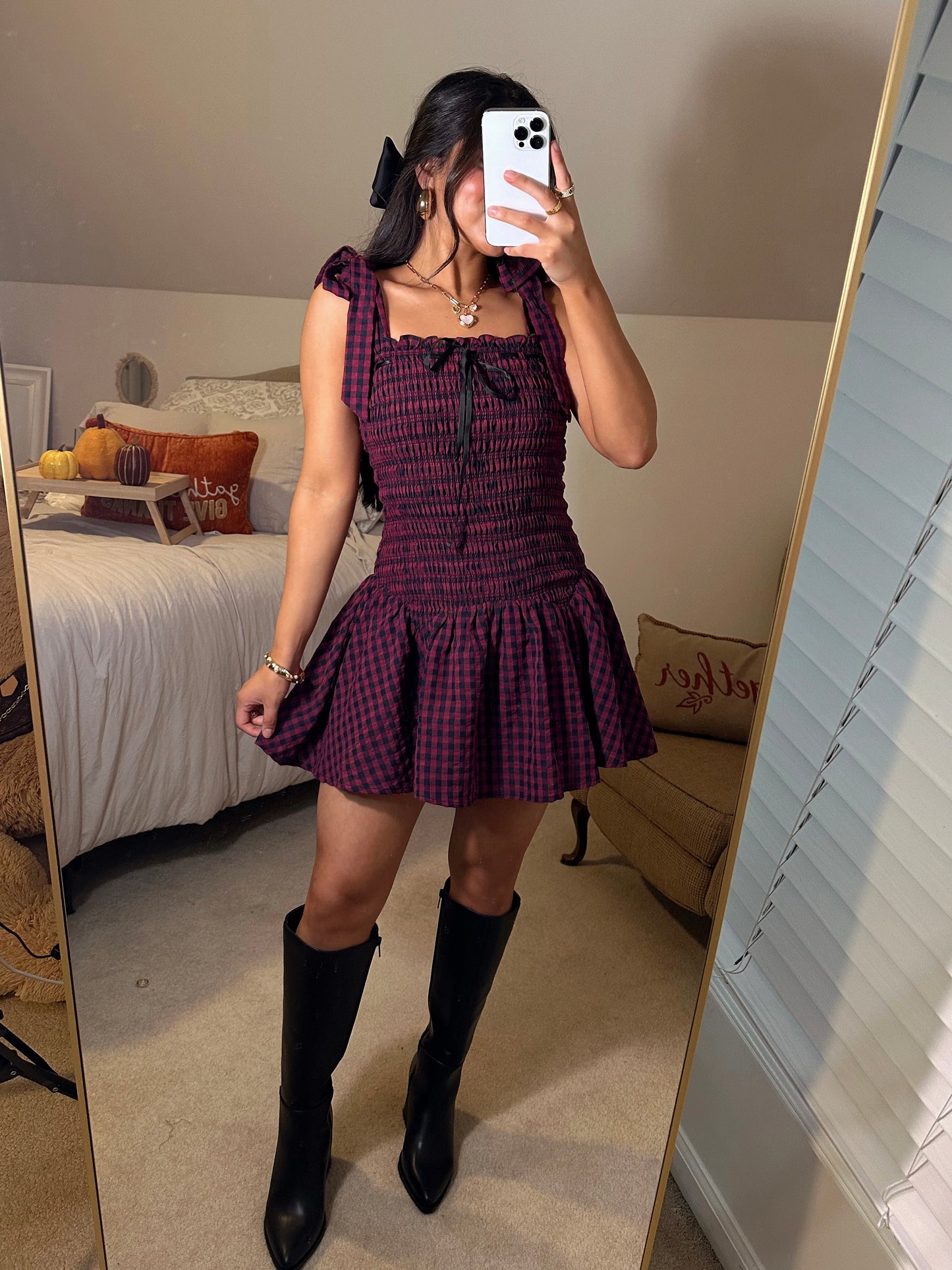 Burgundy & Black Gingham Mini Dress
