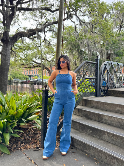 Showstopper Open Back Denim Jumpsuit