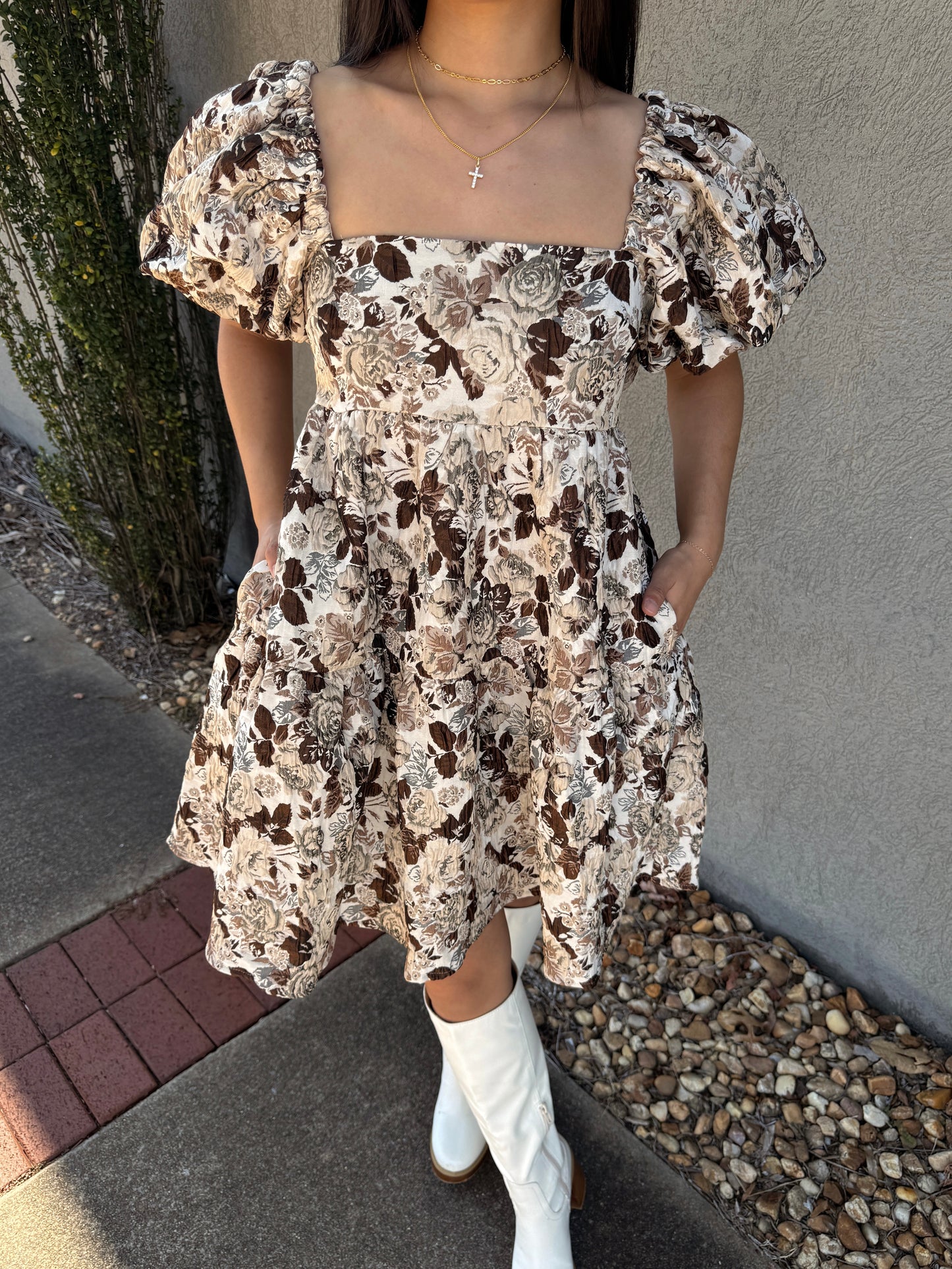 Brown Floral Jacquard Dress