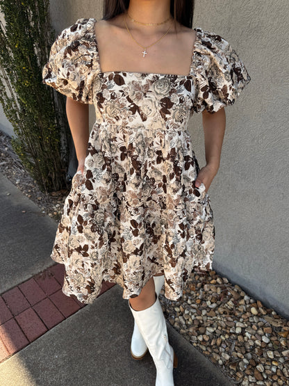 Brown Floral Jacquard Dress