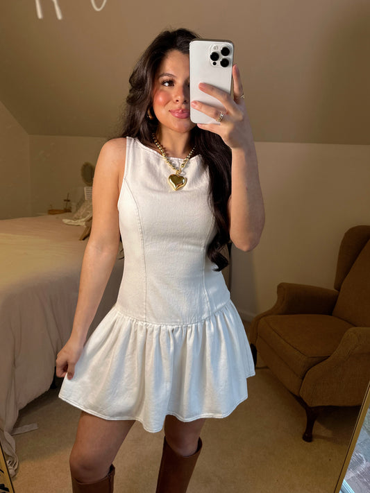 White Denim Drop-Waist Dress