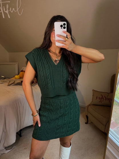 Dark Green Cable Knit Vest & Skirt Set