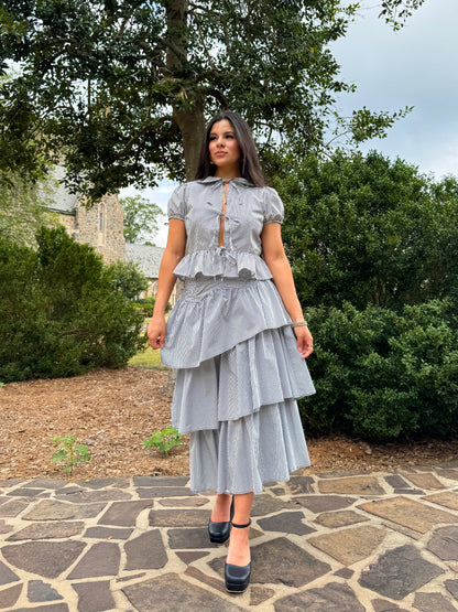 Black & White Striped Open-Front Bow Blouse