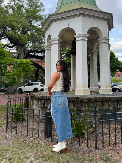 High-Low Distressed Denim Skirt